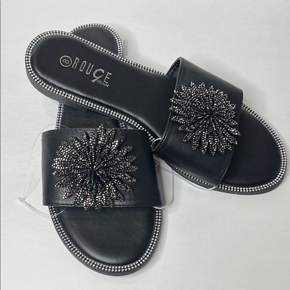 Rouge Helium Black Pom-Pom Slide Sandals
